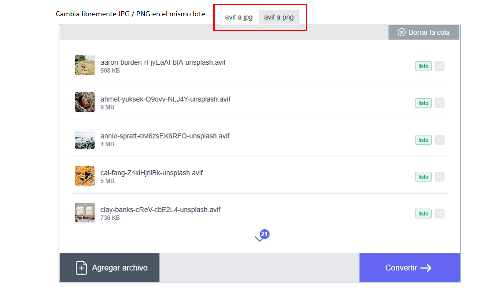 Interfaz del conversor mostrando las pestañas avif a jpg y avif a png