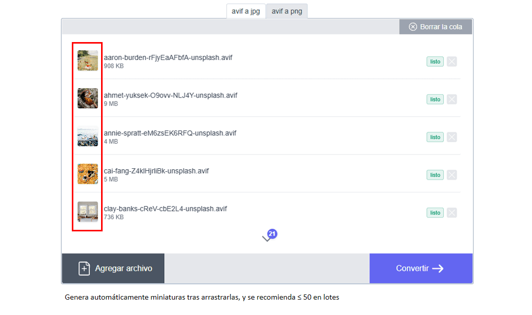 Lista de archivos AVIF con miniaturas para conversión masiva